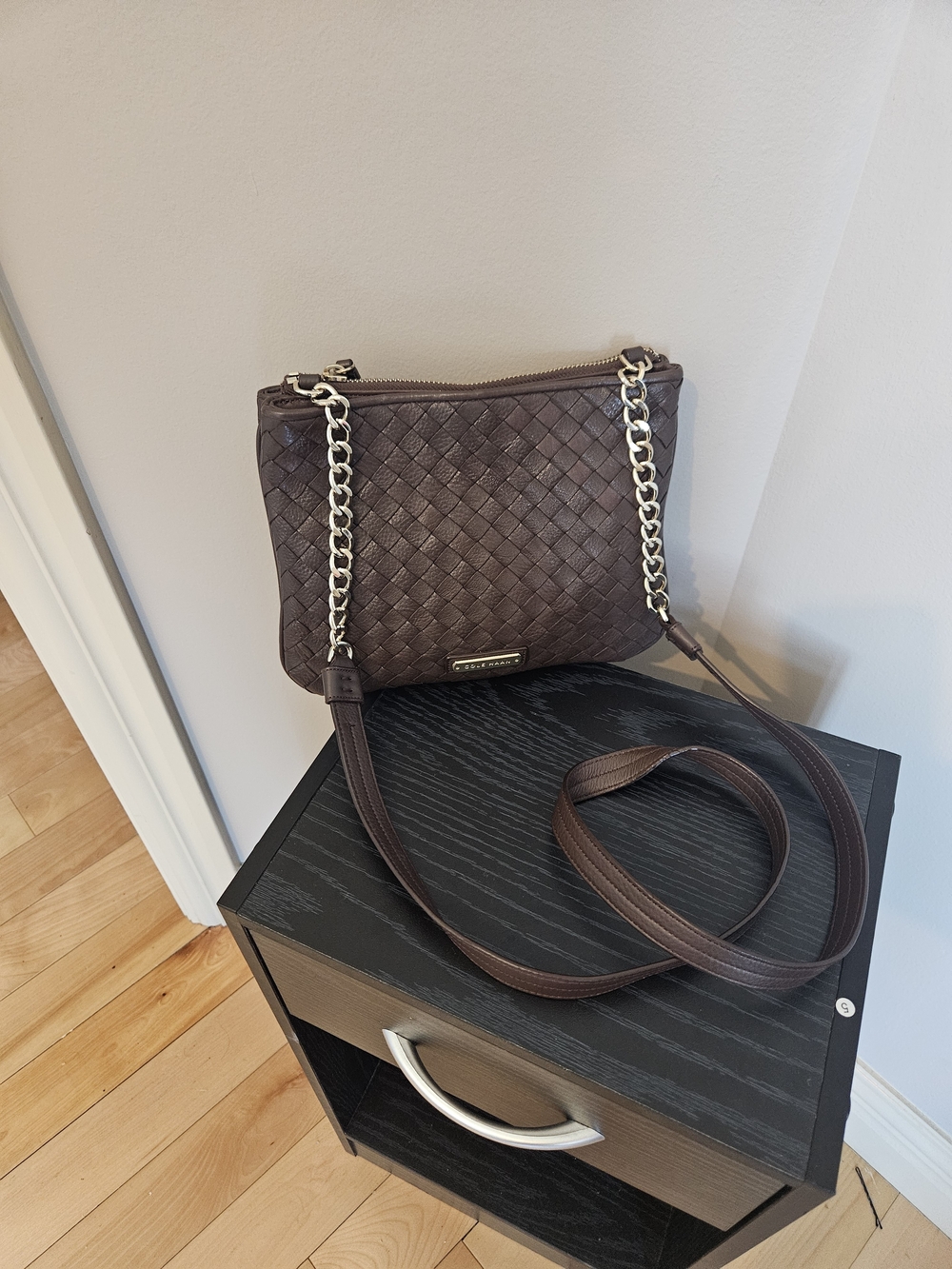 Cole Haan Woven Leather Crossbody - Dark Brown with Gold Chain